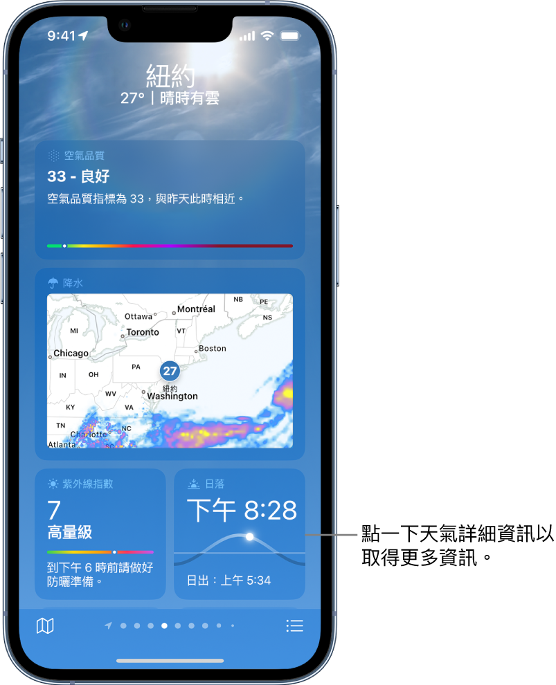 「天氣」畫面，最上方顯示位置，以及目前溫度和天氣狀況。正下方是以下元素的天氣詳細資訊：空氣品質、降水、紫外線指數和日落。