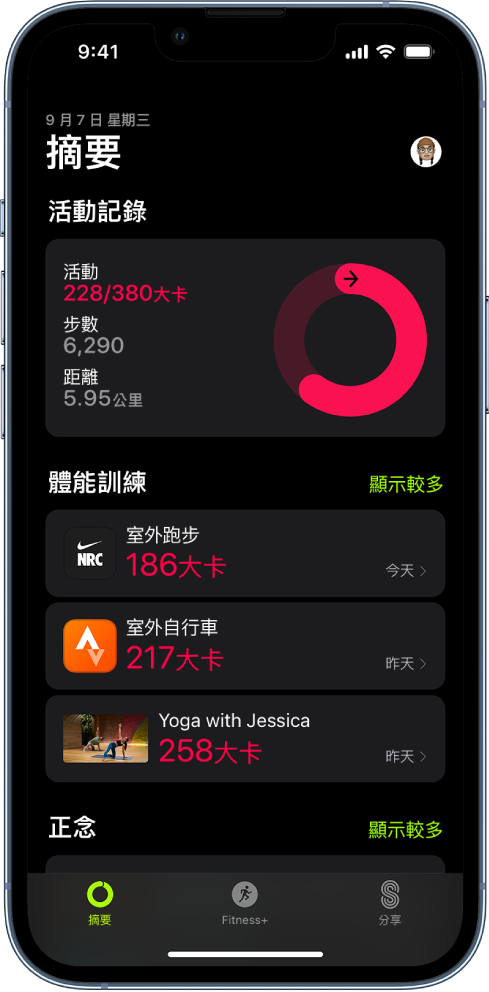 「健身」的「摘要」畫面，顯示「活動記錄」、「體能訓練」和「正念」區域。螢幕底部顯示「摘要」、Apple Fitness+ 和「分享」標籤頁。