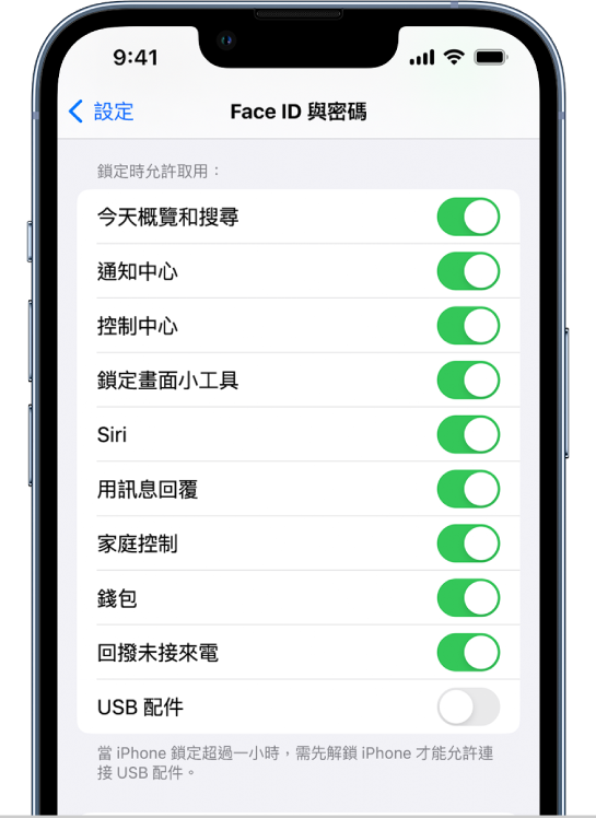 「Face ID 與密碼」畫面，其中包含允許在 iPhone 鎖定時取用特定功能的設定。