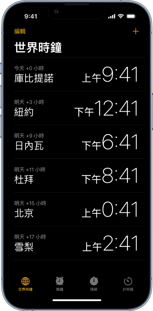 「世界時鐘」標籤頁，顯示各個城市的時間。靠近左上角的「編輯」按鈕可讓你重新排序或刪除時鐘。靠近右上角的「加入」按鈕可讓你加入更多時鐘。「世界時鐘」、「鬧鐘」、「碼錶」和「計時器」按鈕排列在底部。