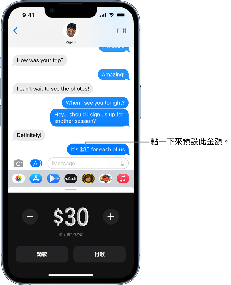 iMessage 對話底部顯示打開的 Apple Pay。