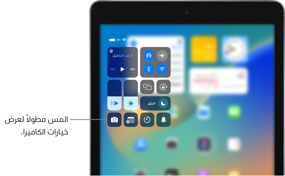 عناصر التحكم في نمط الطيران والبيانات الخلوية و Wi-Fi و Bluetooth في المجموعة العلوية اليمنى من مركز التحكم في طرز iPad ‏(Wi-Fi + خلوي). عنصر التحكم في الكاميرا يظهر في أسفل اليسار.
