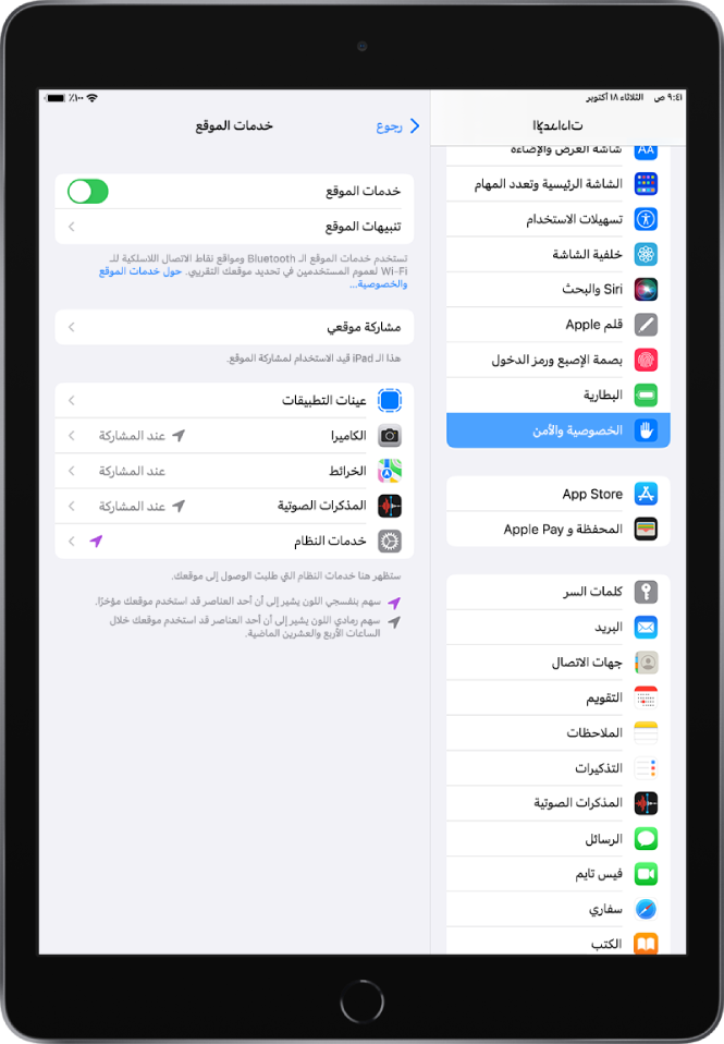 إعدادات خدمات الموقع في إعدادات الخصوصية والأمن، مع خيارات لمشاركة موقع iPad، بما في ذلك الإعدادات المخصصة للتطبيقات الفردية.