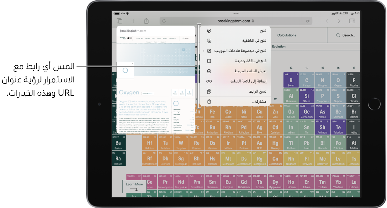 معاينة لموقع ويب. توجد على يسار المعاينة قائمة تعرض الخيارات، والتي تتضمن فتح، وفتح في الخلفية، وفتح في نافذة جديدة، والمزيد.