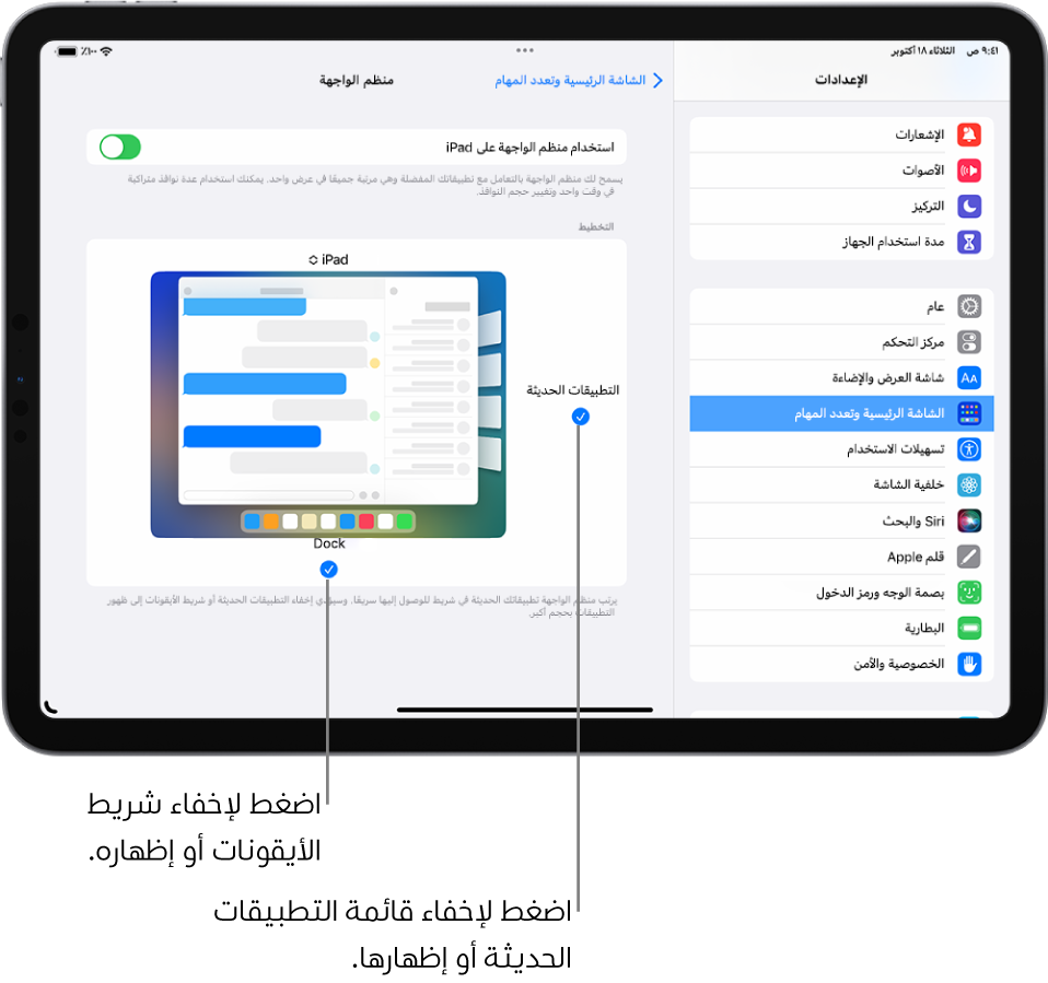 شاشة iPad تعرض إعدادات تشغيل أو إيقاف منظم الواجهة، وإخفاء أو إظهار قائمة التطبيقات الحديثة عندما يكون منظم الواجهة قيد التشغيل، وإخفاء أو إظهار شريط الأيقونات عندما يكون منظم الواجهة قيد التشغيل.