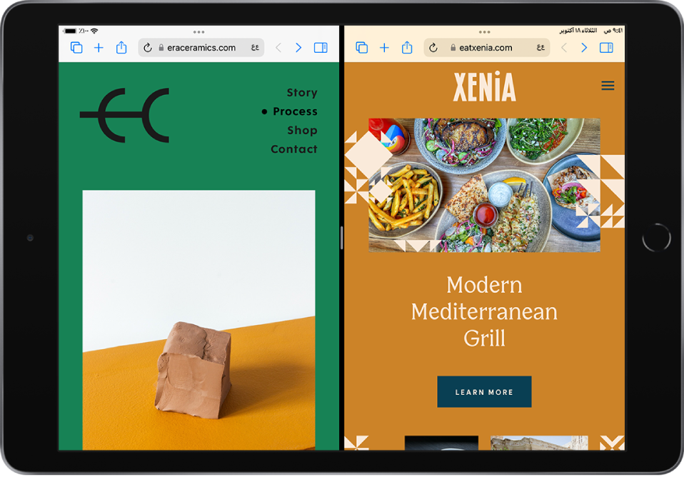 يعرض النصف الأيمن من الشاشة صفحة ويب. ويعرض النصف الأيسر من الشاشة صفحة ويب مختلفة. بينهما فاصل قابل للتعديل. ويوجد في الجزء العلوي من كل صفحة ويب أيقونة عناصر التحكم في تعدد المهام.