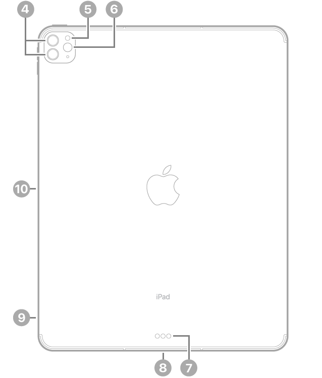 عرض للجزء الخلفي من iPad Pro مع وسائل شرح للكاميرات الخلفية والفلاش في أعلى اليسار، والموصل الذكي وثندربولت / USB 4 في أسفل الوسط، وحامل الشريحة (في طرز Wi-Fi + خلوي) في أسفل اليسار، والموصل المغناطيسي لقلم Apple على اليسار.