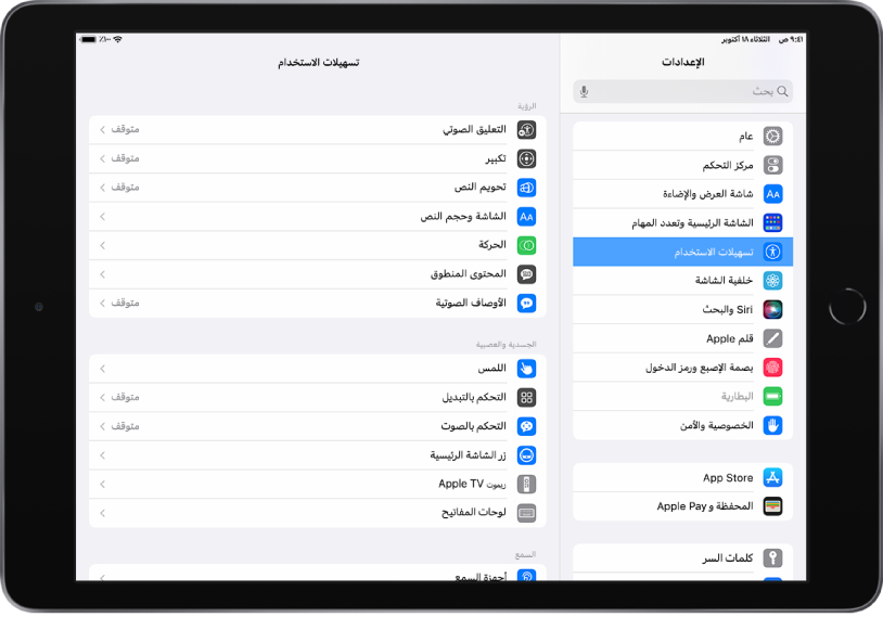 شاشة إعدادات iPad. على الجانب الأيمن من الشاشة يوجد الشريط الجانبي "الإعدادات"، مع تحديد تسهيلات الاستخدام. على الجانب الأيسر من الشاشة توجد خيارات لتخصيص ميزات تسهيلات الاستخدام.
