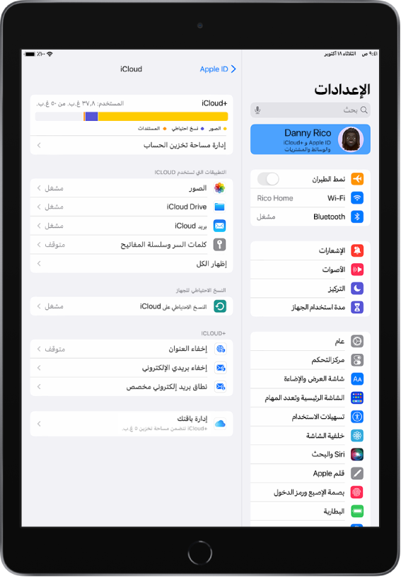 شاشة الإعدادات مع تحديد اسم المستخدم أعلى الشريط الجانبي على الجانب الأيمن من الشاشة. على الجانب الأيسر من الشاشة، توجد خيارات إعدادات iCloud بما في ذلك مقياس مساحة تخزين iCloud وقائمة بالتطبيقات والميزات، بما في ذلك الصور و iCloud Drive وبريد iCloud وكلمات السر وسلسلة المفاتيح.