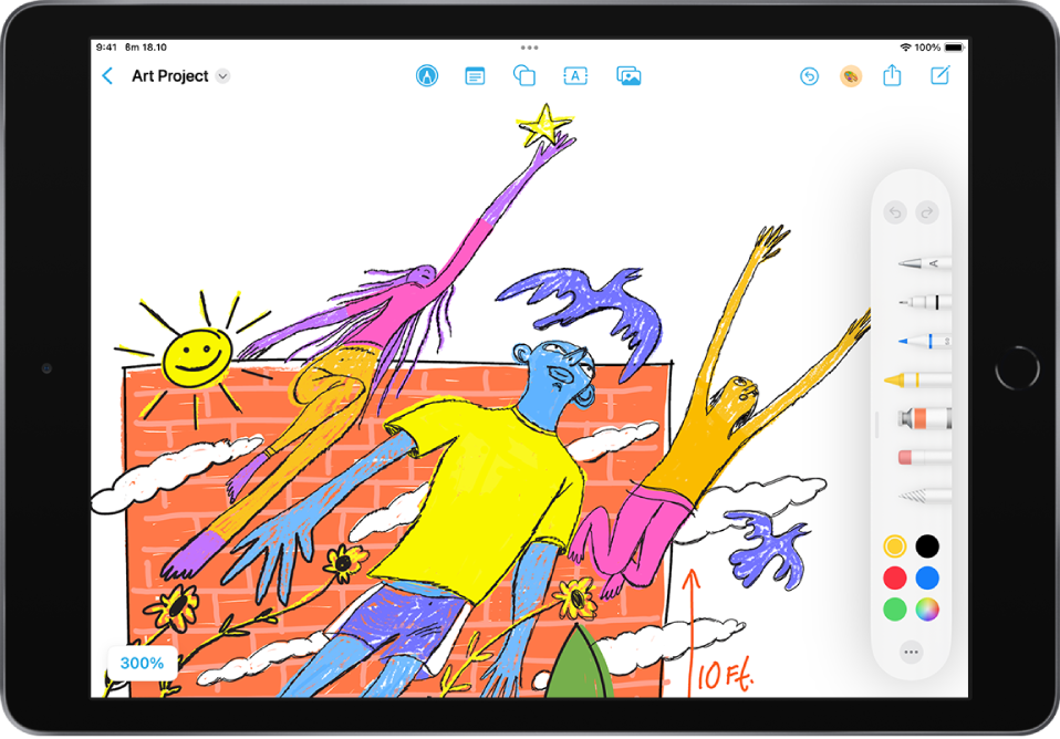 iPad с приложението Freeform и отворено меню за инструменти за рисуване. На таблото има ръкопис и рисунки.