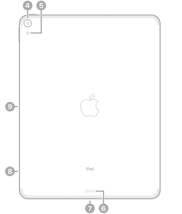Изглед отзад на iPad Pro с надписи за задната камера и светкавица горе вляво, съединители Smart Connector и USB-C долу в средата, поставка за SIM карта (Wi-Fi + Cellular) долу вляво и магнитен съединител за Apple Pencil вляво.