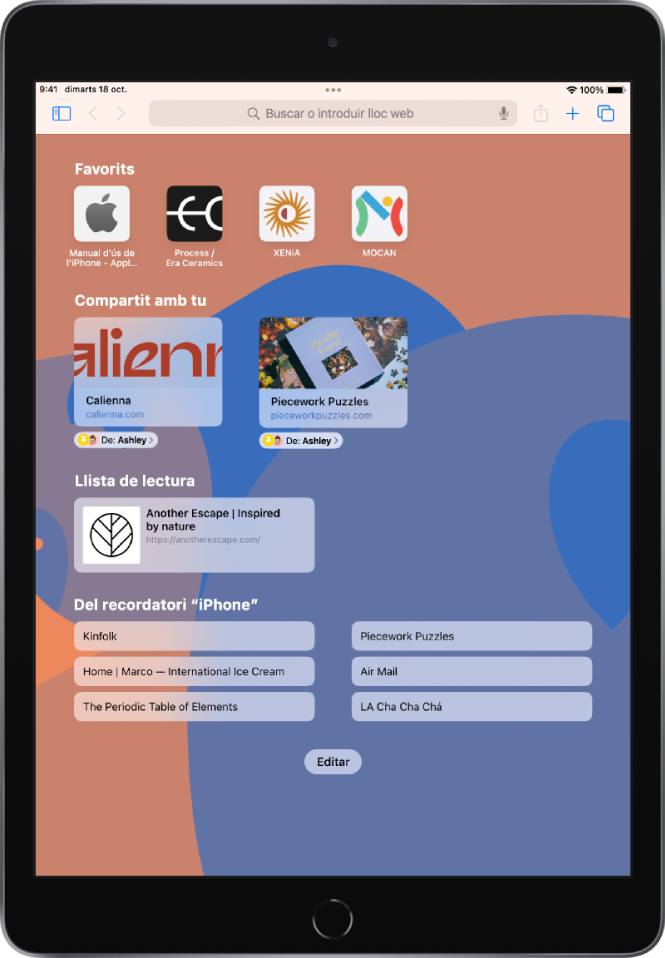 Pàgina principal del Safari on es poden veure els llocs web favorits, els llocs web compartits amb tu, els llocs web desats a la llista de lectura i els llocs web oberts als teus altres dispositius Apple. A la part inferior de la pantalla, hi ha el botó “Editar”.
