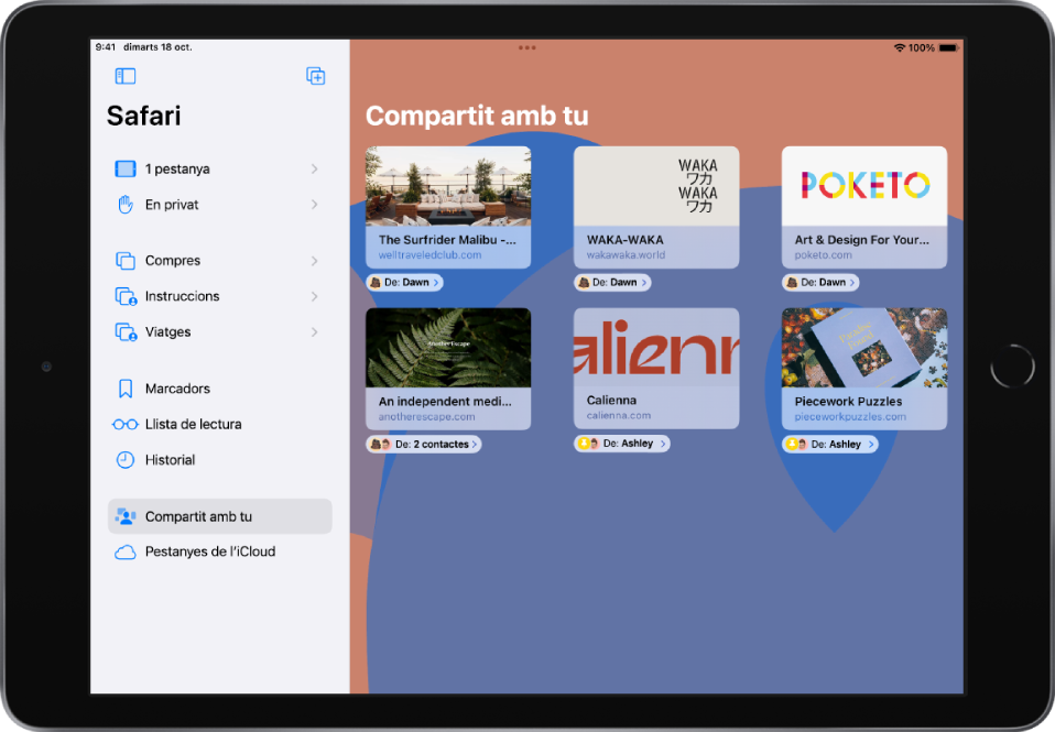 Barra lateral del Safari al costat esquerre de la finestra del Safari. A la barra lateral, s’ha seleccionat “Compartit amb tu”, i a la dreta hi ha previsualitzacions dels llocs web compartits. A sota de cada previsualització hi ha el nom de la persona que l’ha compartit.