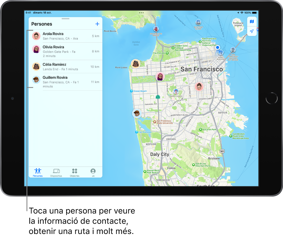Pantalla de l’app “Buscar” oberta per la llista “Persones”. A la llista hi ha quatre persones: Anna Rius, Olívia Rius, David Rovira i Guillem Rius. Es mostren les seves ubicacions al mapa de San Francisco.