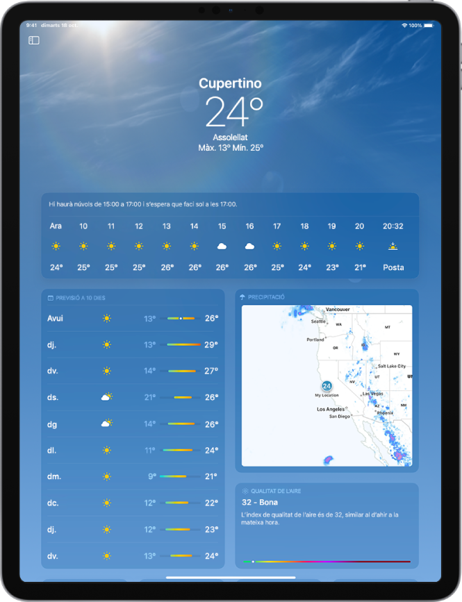 Pantalla de l’app Temps que mostra la informació següent de dalt a baix: la ubicació, la temperatura actual, les temperatures màximes i mínimes del dia, la previsió per hores i la previsió a 10 dies al costat esquerre de la pantalla, i un mapa de precipitacions i l’escala de qualitat de l’aire al costat dret de la pantalla.