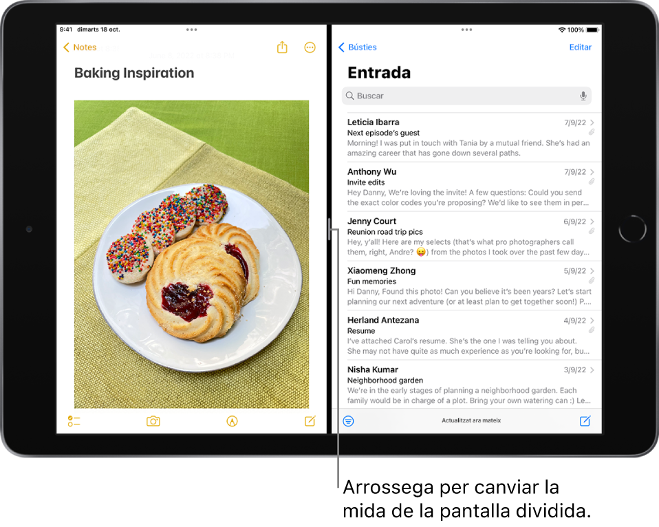 L’app Notes està oberta al costat esquerre de la pantalla i el Mail està obert al costat dret. Entre les apps hi ha un divisor ajustable que serveix per canviar la mida de la divisió.