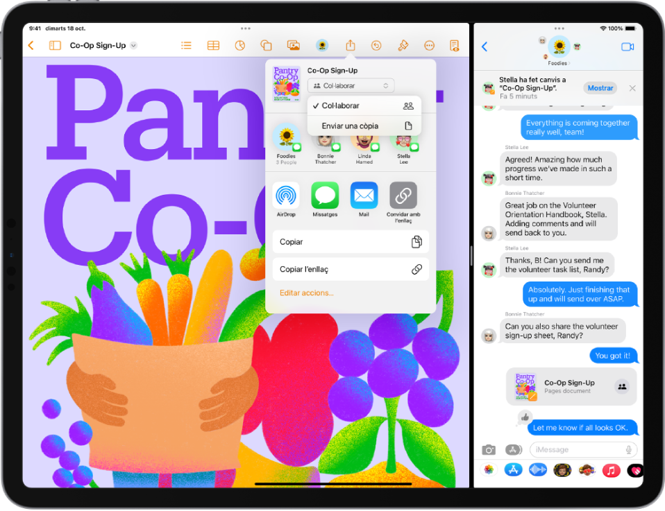 Al costat esquerre de la pantalla hi ha un document del Pages, i se selecciona el botó “Compartir” de la part superior de la pantalla. A l’app Missatges hi ha una conversa en grup al costat dret de la pantalla, i al tauler de missatges es veu el document del Pages compartit.
