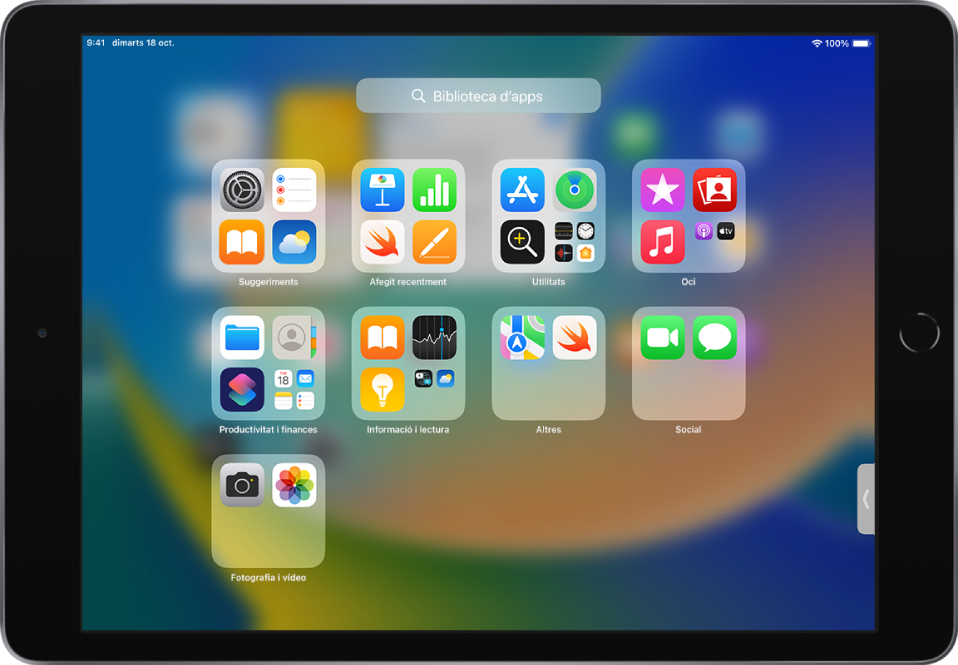 Biblioteca d’apps a l’iPad que mostra les apps organitzades per categories (Utilitats, Oci, Productivitat i finances, etc.).