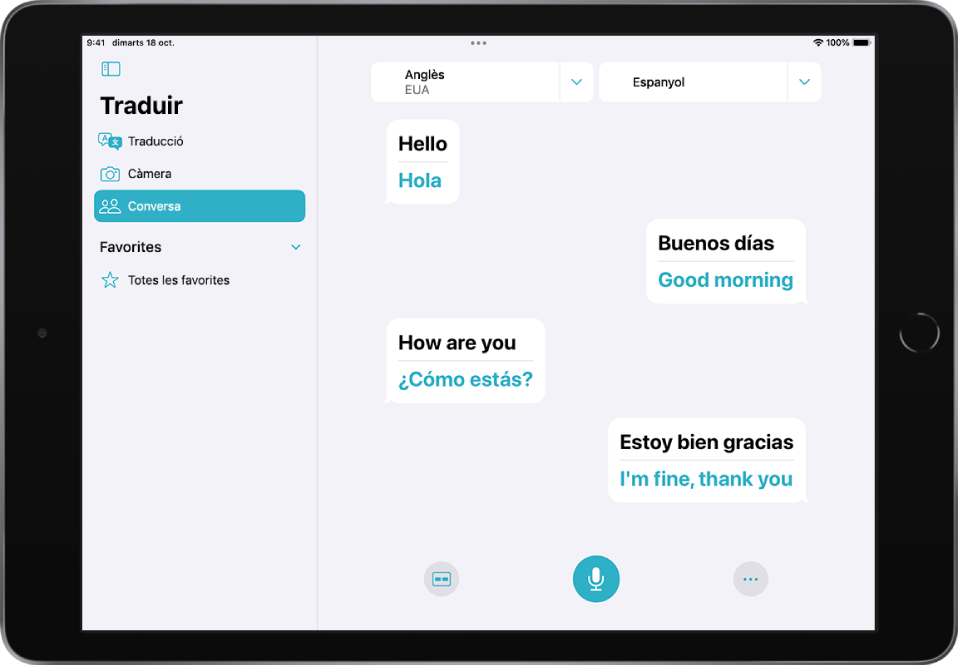 Pestanya Conversa que mostra bafarades de xat i les traduccions corresponents.