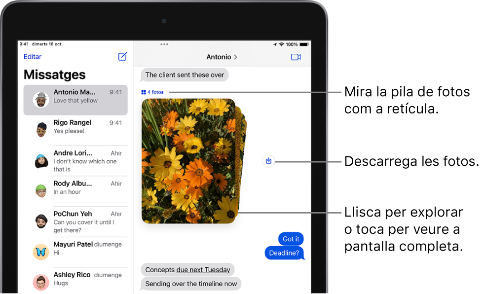 Conversa de l’app Missatges en què es veu una col·lecció de fotos de persones i flors al costat del botó “Desar”.
