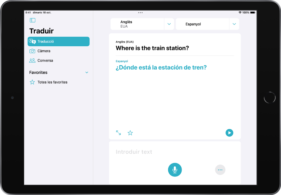 Pestanya Traducció que mostra dos selectors d’idiomes (anglès i castellà) a la part superior, una traducció al centre i el camp “Introduir text” a prop de la part inferior.