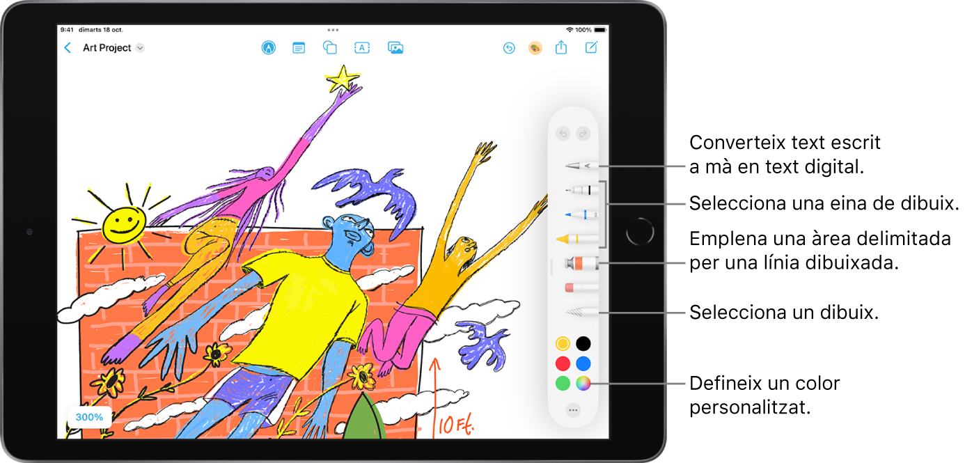 Pissarra de l’app Freeform amb les eines de dibuix visibles. Pots seleccionar l’eina d’escriptura a mà per convertir text escrit a mà en text digital, seleccionar una eina de dibuix, emplenar una àrea delimitada per una línia dibuixada, seleccionar un dibuix i definir un color personalitzat.