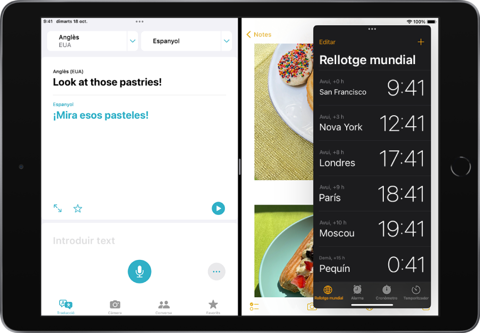 L’app Traduir està oberta al costat esquerre de la pantalla, l’app Notes està oberta a la dreta, i l’app Rellotge està oberta en una finestra de l’Slide Over que cobreix parcialment l’app Notes.