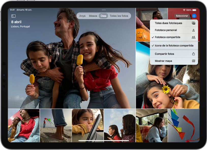 Una fototeca de l’app Fotos. El botó “Més” està seleccionat a la part superior de la pantalla, i les opcions “Fototeca compartida” i “Icona de la fototeca compartida” estan seleccionades.