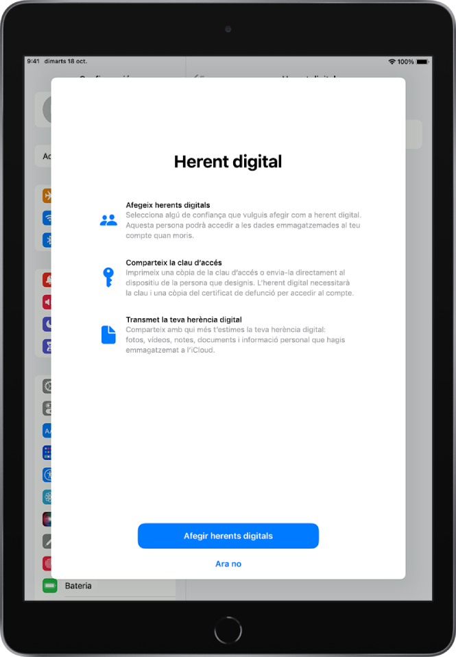 La pantalla “Herent digital” amb informació sobre aquesta funció. El botó “Afegir herent digital” es troba a la part inferior.