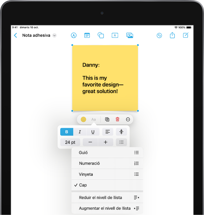 Nota adhesiva seleccionada en una pissarra de l’app Freeform amb les eines de format visibles, inclosos els estils de llista.