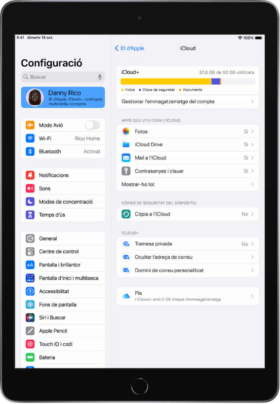 La pantalla de configuració amb el nom de la persona usuària seleccionat a la part superior de la barra lateral, al costat esquerre de la pantalla. Al costat dret de la pantalla hi ha les opcions de configuració de l’iCloud, incloent-hi el mesurador de l’emmagatzematge a l’iCloud i una llista d’apps i funcions com ara l’app Fotos, l’iCloud Drive, el Mail a l’iCloud, les contrasenyes i el clauer.