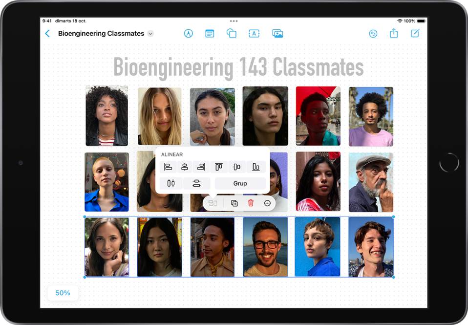 Pissarra de l’app Freeform amb una retícula de fotos. Una de les files de fotos està seleccionada i les eines d’alineació i agrupació són visibles.