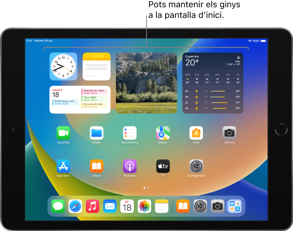 La pantalla d’inici amb ginys, entre els quals s’inclouen els ginys de les apps Fotos, Calendari i Temps.