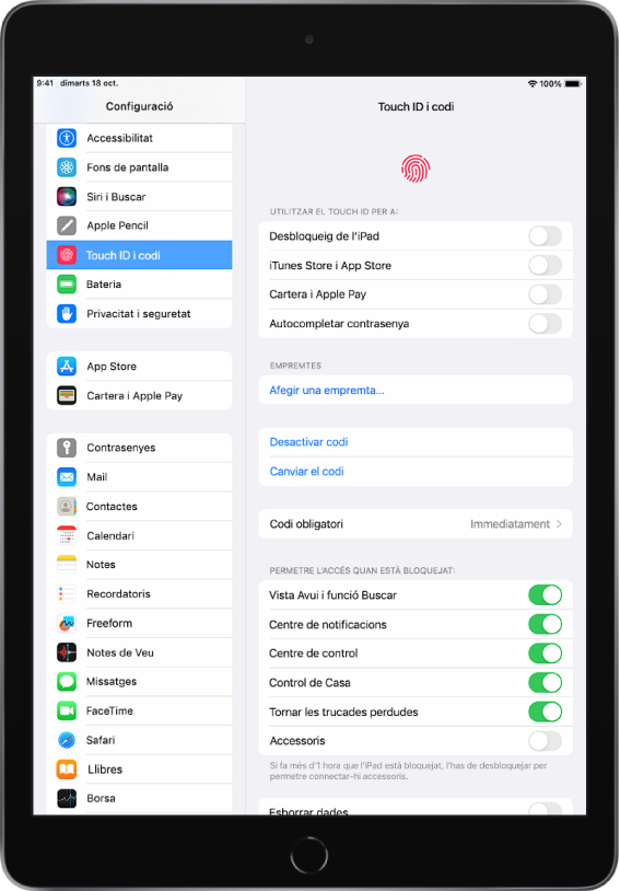 A la barra lateral de configuració, al costat esquerre de la pantalla, se selecciona “Touch ID i codi”. Al costat dret de la pantalla hi ha opcions per seleccionar quines funcions es poden desbloquejar amb el Touch ID. Les opcions “Desbloqueig de l’iPad”, “iTunes Store i App Store”, “Cartera i Apple Pay” i “Autocompletar contrasenya” estan desactivades.