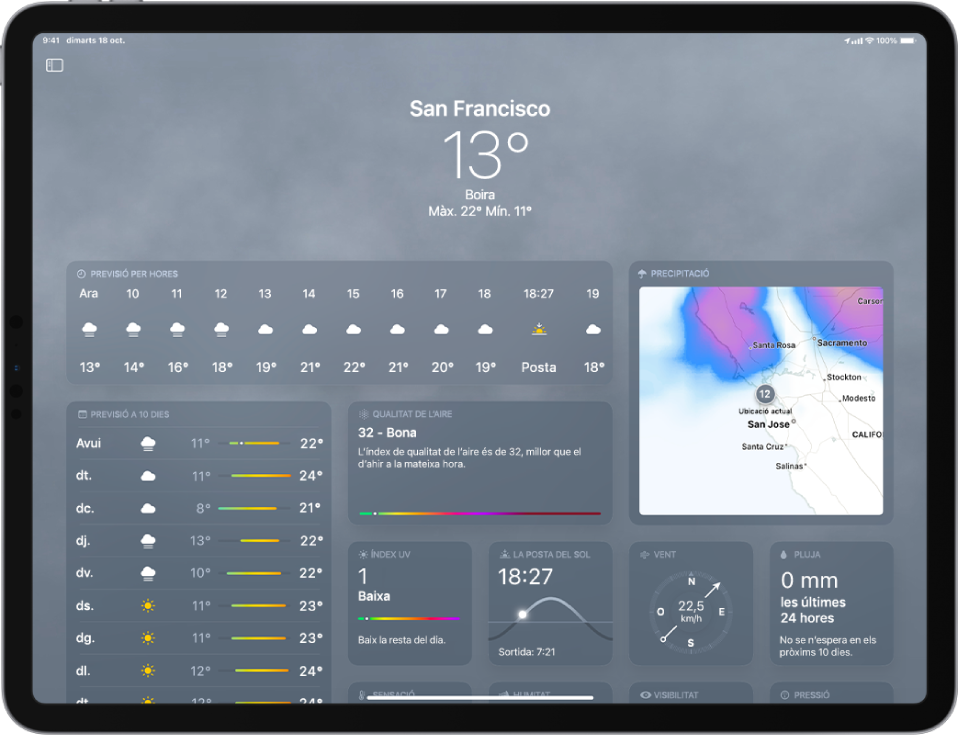 La pantalla de l’app Temps en orientació horitzontal. La informació de previsió inclou, de dalt a baix: la ubicació, la temperatura actual, la boira i les temperatures màximes i mínimes del dia. A sota hi ha la previsió per hores, la previsió a 10 dies, l’escala de qualitat de l’aire i un mapa de precipitacions de la zona. A la part inferior de la pantalla hi ha informació sobre l’índex UV, la posta de sol, el vent i la pluja.