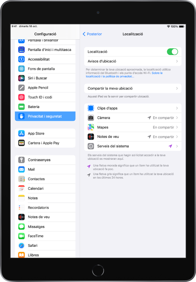 La configuració de la localització a la secció de privacitat i seguretat, amb opcions per compartir la ubicació de l’iPad, inclosa la configuració personalitzada per a cada app.