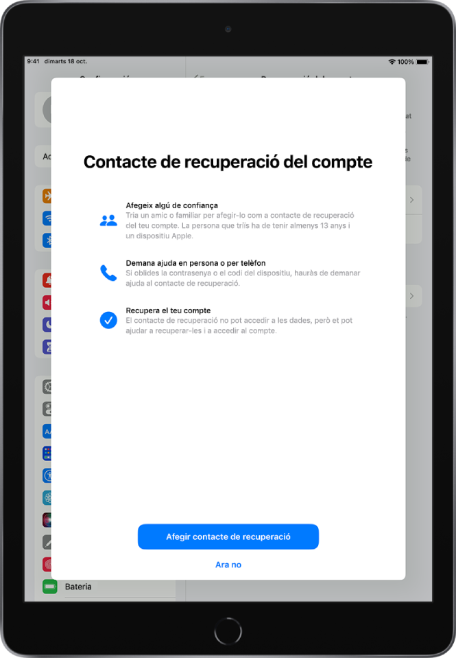 La pantalla “Contacte de recuperació del compte” amb informació sobre aquesta funció. El botó “Afegir contacte de recuperació” es troba a la part inferior.