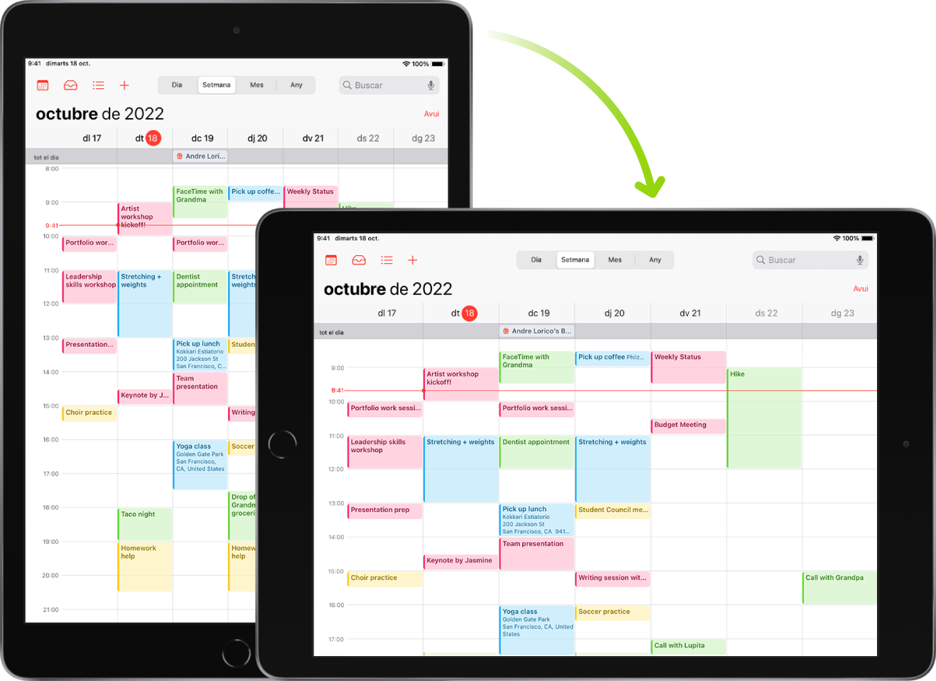 Al fons, l’iPad mostra la pantalla de l’app Calendari en orientació vertical; en primer pla, l’iPad es gira i mostra la pantalla de l’app Calendari en orientació horitzontal.