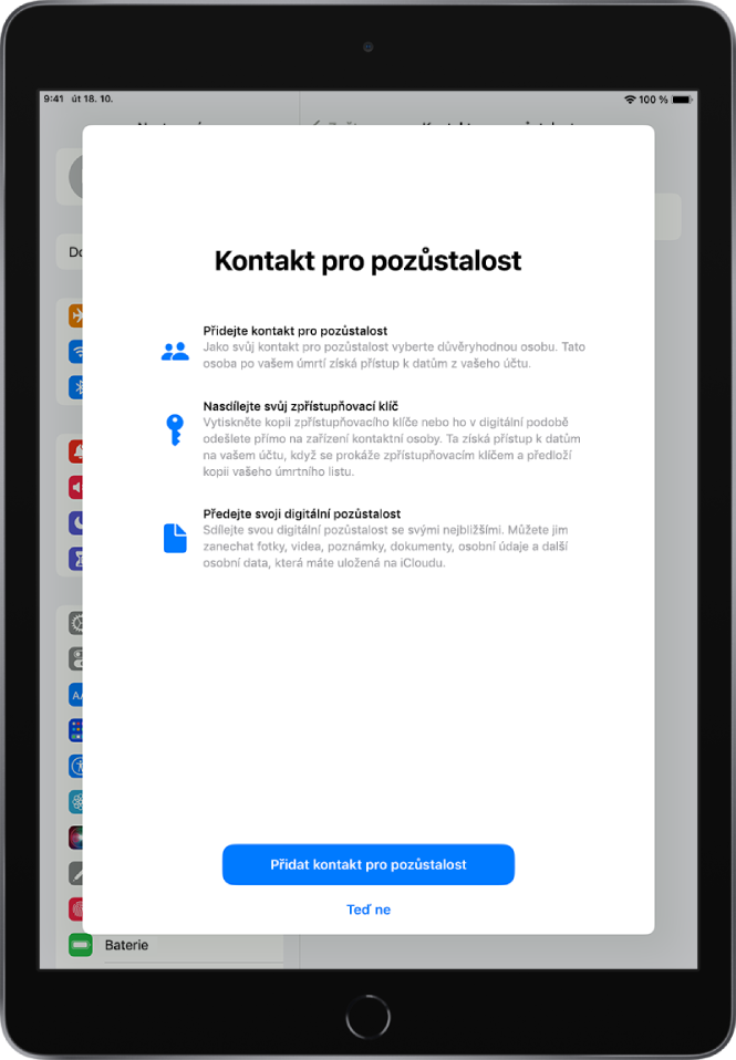 Obrazovka Kontakt pro pozůstalost s informacemi o této funkci. V pravém dolním rohu se nachází tlačítko Přidat kontakt pro pozůstalost .
