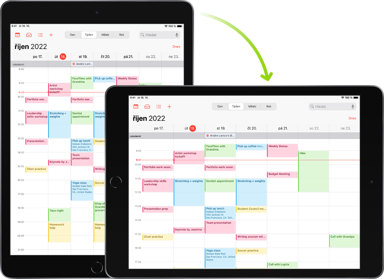 Na pozadí je vidět iPad s obrazovkou aplikace Kalendář v orientaci na výšku; v popředí je tentýž iPad, ale otočený tak, aby se obrazovka aplikace Kalendář zobrazovala na šířku