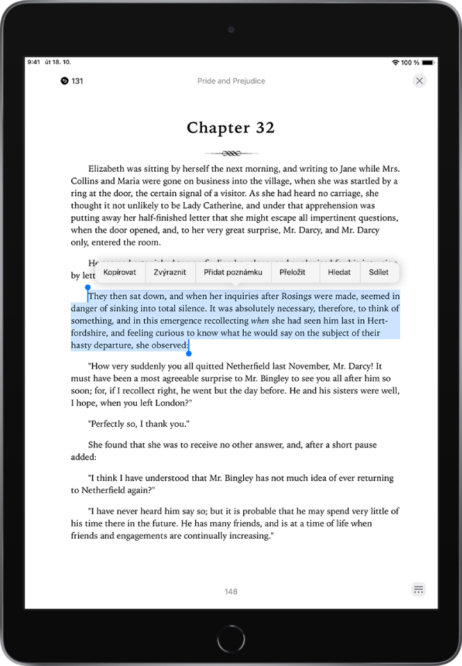 Stránka knihy v aplikaci Knihy s vybranou částí textu na stránce. Nad vybraným textem se zobrazují volby Kopírovat, Zvýraznit a Přidat poznámku.