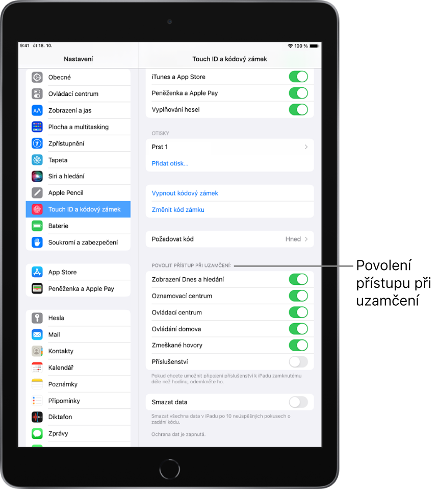 Nastavení Touch ID a kód s volbami pro povolení přístupu ke konkrétním funkcím, když je iPad zamknutý