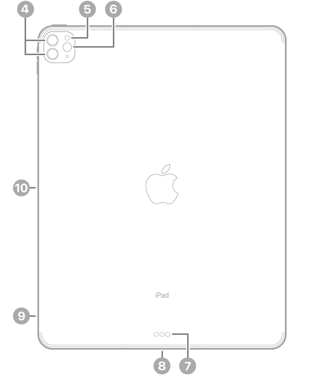 Pohled na zadní stranu iPadu Pro s popisky u zadních fotoaparátů a blesku vlevo nahoře, u Smart Connectoru a konektoru Thunderbolt / USB 4 uprostřed dolní strany, u zásuvky pro SIM (u modelů Wi‑Fi + Cellular) vlevo dole a u magnetického konektoru pro Apple Pencil na levé straně