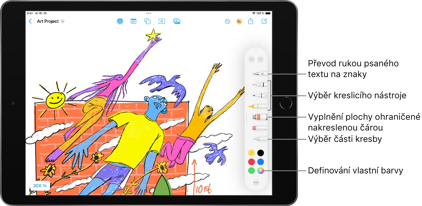 Tabule v aplikaci Freeform se zobrazenými kreslicími nástroji. Můžete tu vybrat nástroj Rukopis, který převádí rukopis na text, vybrat kreslicí nástroj, vyplnit plochu uvnitř nakresleného obrysu, vybrat kresbu nebo definovat vlastní barvu.