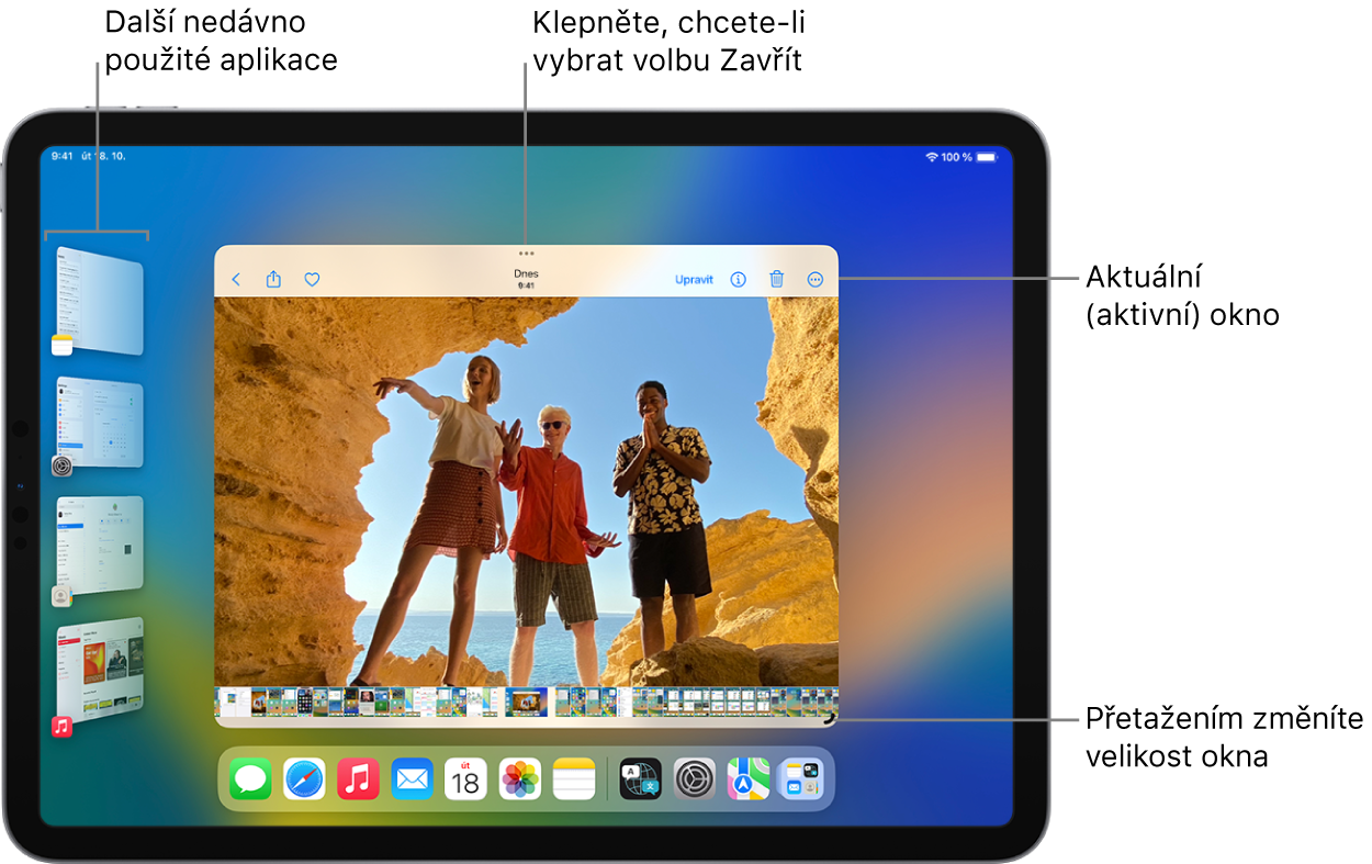 Displej iPadu se zapnutým Stage Managerem. Uprostřed obrazovky se nachází aktuální okno s ovládáním multitaskingu nahoře a ovládacím prvkem pro změnu velikosti v pravém dolním rohu. V seznamu po levé straně jsou uvedené naposledy použité aplikace. Podél dolního okraje obrazovky jsou vidět aplikace v Docku.