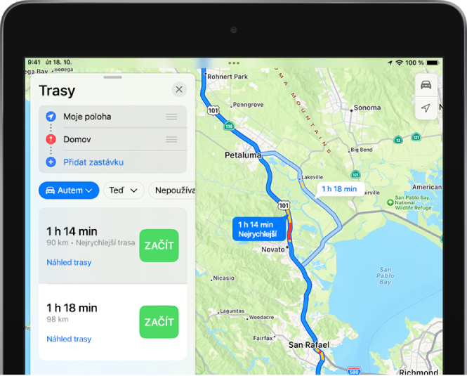 Mapa se dvěma trasami jízdy autem v oblasti North Bay poblíž San Franciska. Nejrychlejší trasa je vybraná.