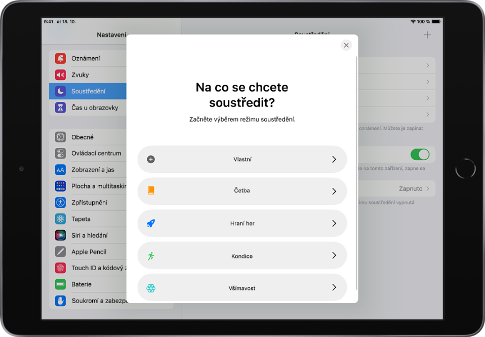 Obrazovka nastavení režimu soustředění pro jeden z dalších dostupných režimů soustředění: Vlastní, Kondice, Hraní her, Všímavost a Četba