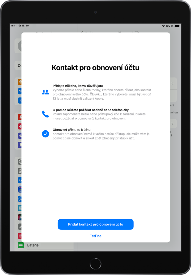 Obrazovka Kontakt pro obnovení účtu s informacemi o této funkci. V pravém dolním rohu se nachází tlačítko Přidat kontakt pro obnovení.