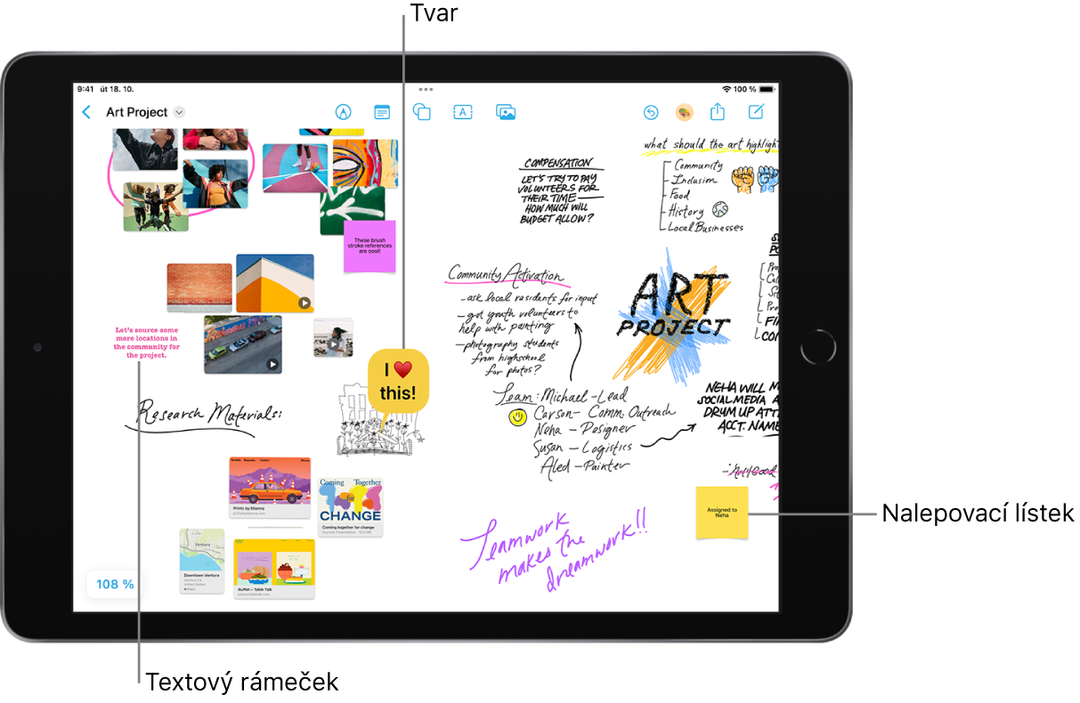 Tabule v aplikaci Freeform s kresbami, textovými rámečky, videi, fotkami, nalepovacími lístky a dalšími objekty