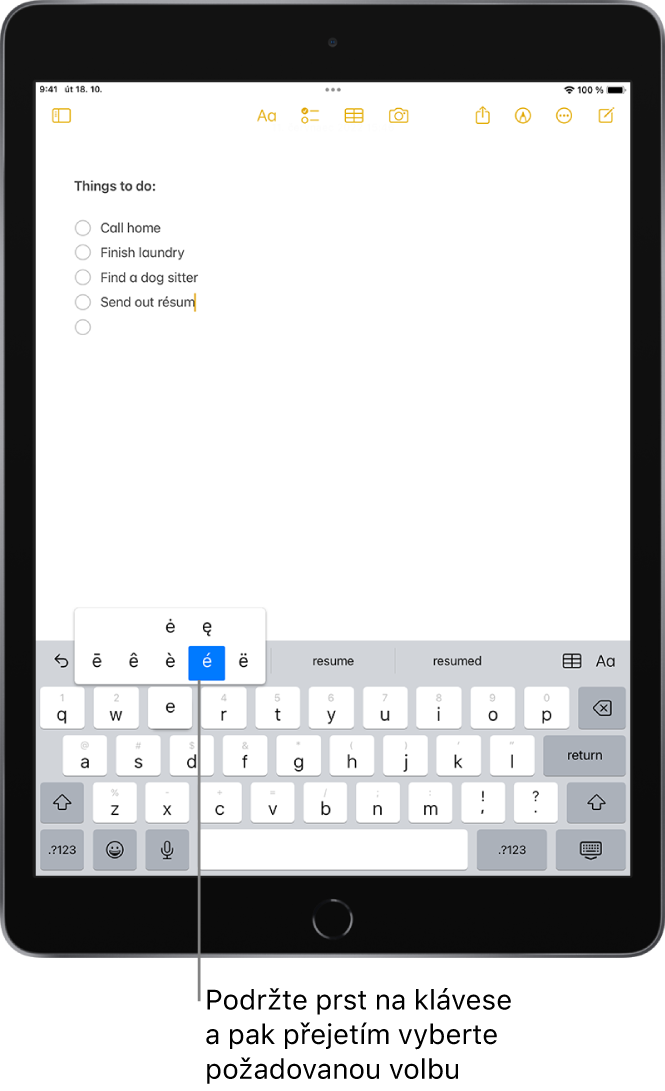 Na klávesnici v dolní části displeje iPadu jsou zobrazené alternativní znaky s diakritikou, které se objeví, když stisknete a podržíte klávesu E.